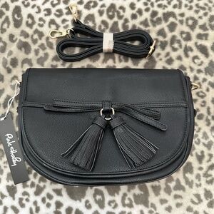 Pink Haley Faux Leather Crossbody Purse with Double Tassels in Black